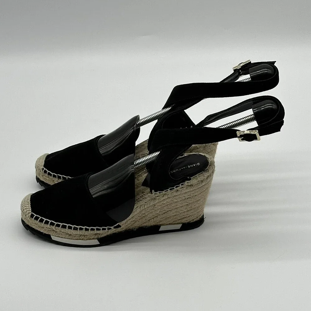 Diane von Furstenberg Palermo Suede Ankle Wrap Strap Wedge Espadrilles Size 8